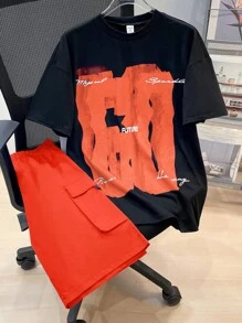 SHEIN 2pcs/Set Teen Boys Casual Contrast Color Short Sleeve T-Shirt And Shorts Set, Streetwear Punk Rock School Style For Everyday Wear, Party, Music Festival, Suitable For Spring/Summer, Abstract English Graphic Print In Black & Purple - Orange - View 1