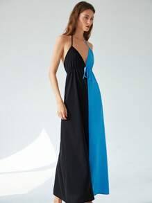 Femmeiva French Style Elegant Lady Summer Vacation Holiday Dress,Seksi Chic Loose Halter Neck Backless Cinched Waist Black & Blue Color Contrast Blackness - Multicolor - View 6