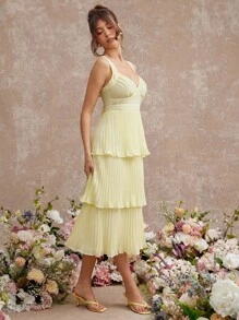 L'Amorae 优雅淡黄色雪纺层叠中长连衣裙，后背系带设计，婚礼宾客礼服，女士夏季服装 - 黃色 - 查看 3