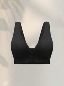NudeFit 1 Stück bequemer tiefer V-Ausschnitt Knopf-Front einfarbiger BH mit abnehmbaren Pads, drahtloser BH