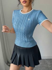 Elenzga 刺绣蝴蝶结装饰女士休闲圆领短袖针织上衣