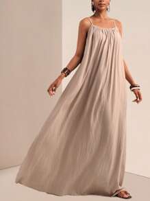 Slaydiva Plus Size Women Solid Color Pleated Slip Maxi Casual Dress,Flowy Dress