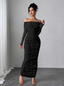 Firerie 女士优雅白色露肩珍珠装饰荷叶边修身浪漫派对/约会长裙，情人节 - 黑色 - 查看 3