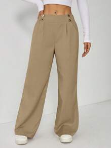 SHEIN PETITE 女士优雅双纽扣直筒办公裤 - 卡其色 - 查看 6