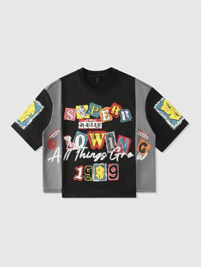 Street Life Maglietta casual a maniche corte da uomo con stampa a patchwork, stile loose, abbigliamento retrò da strada