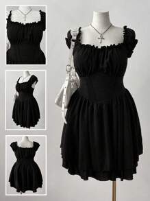 Sunspun Plus Size Sweetheart Collar Ruffle Hem Textured Fabric Short Sleeve Dress - Black - View 1