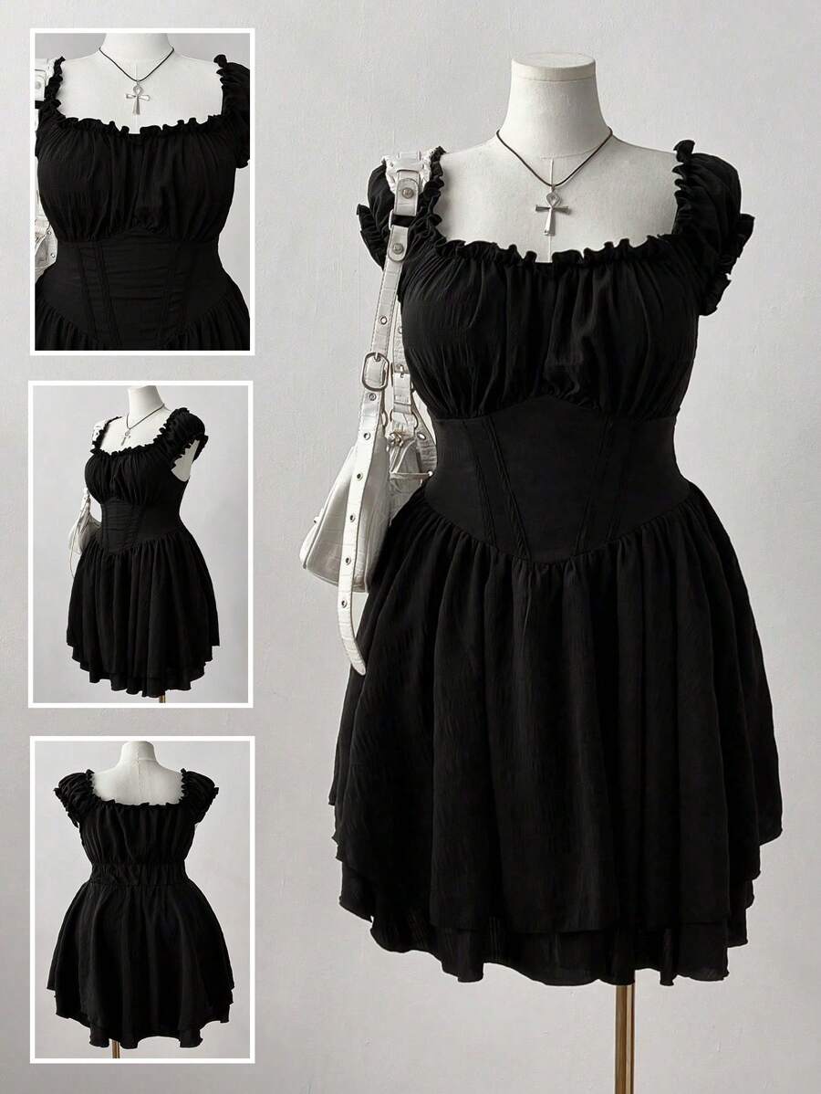 Sunspun Plus Size Sweetheart Collar Ruffle Hem Textured Fabric Short Sleeve Dress - Black - View 1