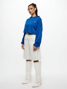 SUMWON WOMEN Cropped Athletic Hoodie Drawstring Sweatshirt Long Sleeve Drop Shoulder Workout Gym Casual Lounge Activewear Fall Winter Streetwear - Royal Blue - View 4