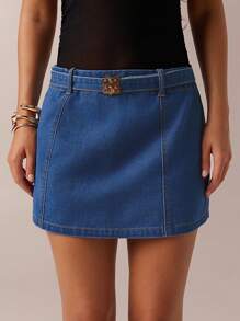 SHEIN Forever 21 Fustă mini leagăn albastră cu garnituri metalice/Vară/Ținută pentru femei business/Absolvire/Femei de serviciu/Elegant/Vară/Concert country/Concert country/Petrecere la ceai/Elegant/Concert - Albastru - Vizualizare 3