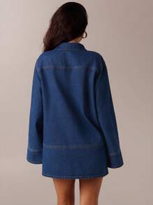 Forever 21 New Autumn/Winter Denim Wash Polo Collar Loose Long Sleeve Half Zip Up Short Casual Dress - Royal Blue - View 2