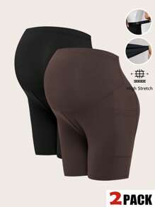 SHEIN Maternity Solid Color Pocket Casual Leggings, For Daily Wear