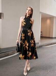 Aveloria Modichic 时尚优雅的个性化吊带无袖长裙，印花下摆、褶皱、腰带和系带，女士黑色连衣裙，优雅 - 彩色 - 查看 5