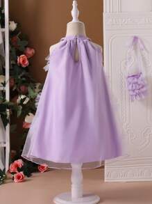 SHEIN Vestido de niña joven elegante de unicolor con cuello halter y flor 3D de malla