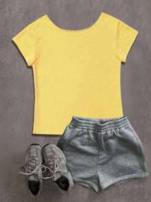 Jouncy Women Letter Print Asymmetric Neckline Short Sleeve Casual T-Shirt