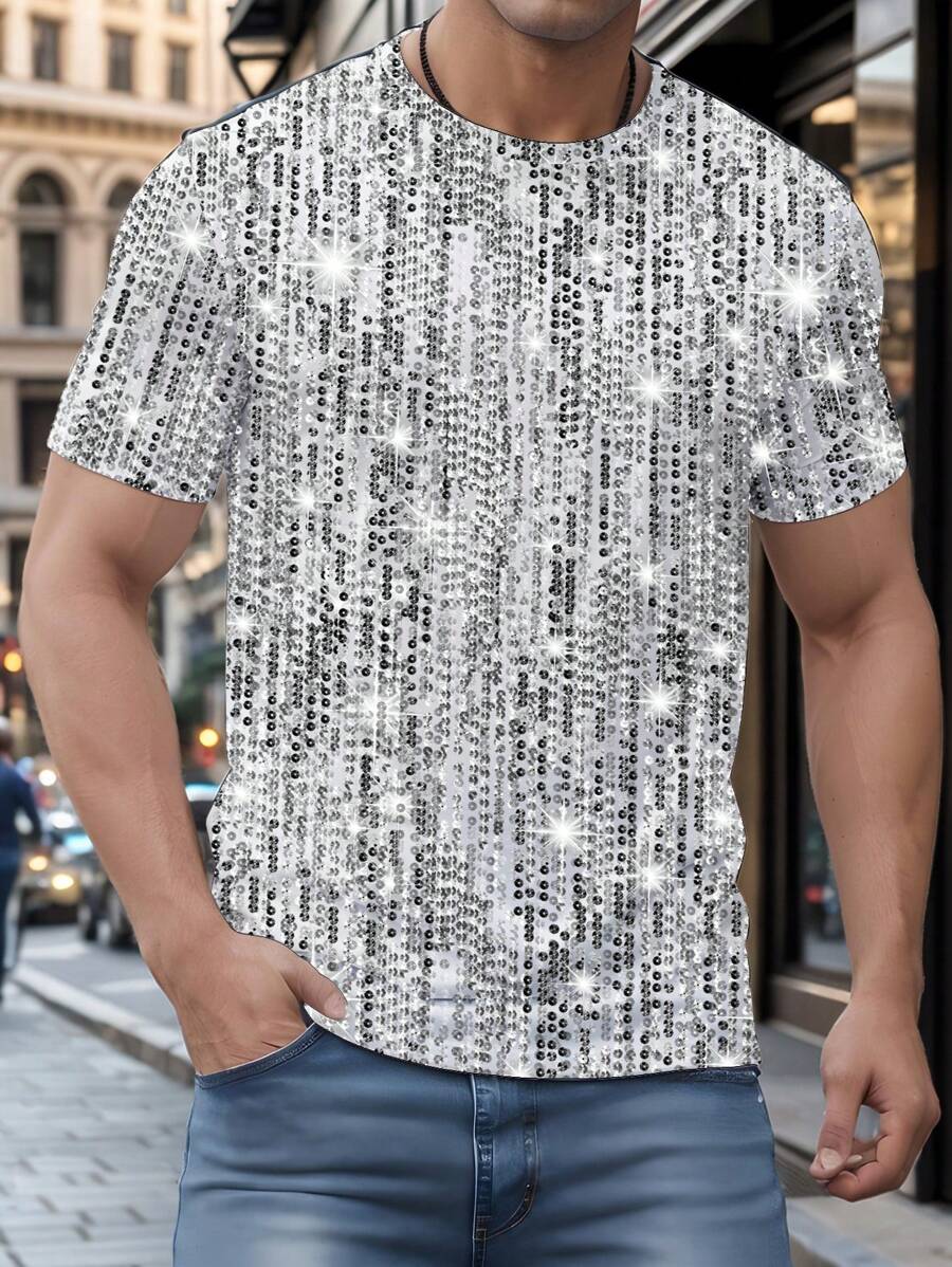 Manfinity Homme Plus Size Men Shiny Silver Sequin Decor Glamorous Party Allover Print Short Sleeve T-Shirt