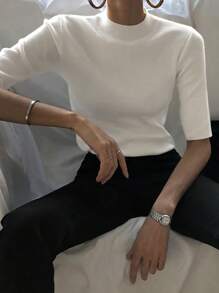 DAZY Women's Semi-Turtleneck Fitted Cropped 3/4 Sleeve Knit Pullover Sweater Fall - White - View 2