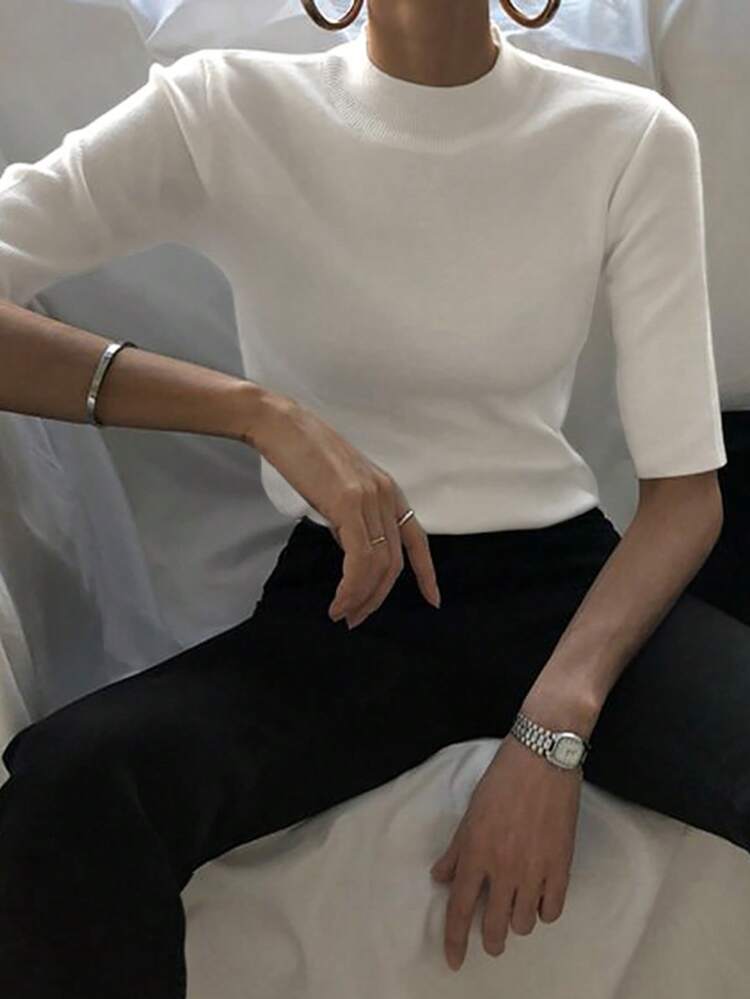 Women's Semi-Turtleneck Fitted Cropped Half Sleeve Knit Pullover Sweater Fall