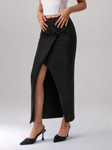 TRNVIE 1 件休闲、街头服饰、通勤扭纹、开衩、修身半身裙女式半身裙 - 黑色 - 查看 5