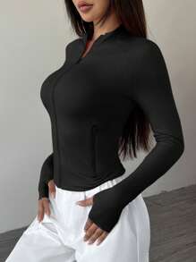 SHEIN Unity Women Front Zipper Long Sleeve Casual Plain Jacket, Spring/Autumn Fall Winter Cloth For Women