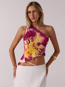 SHEIN Forever 21 Women Spring Vacation Simple Asymmetric Hem Tropical Floral Print Short Crop Top