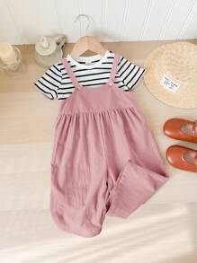 Baby Girl Striped Short Sleeve Top And Overall Jumpsuit, Spring/Summer Outfit