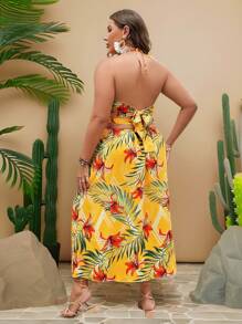 SHEIN VCAY Plus Tropical Print Tie Backless Split Thigh Halter Summer Dress,Beach Dress Sundress,Holiday Outfits Boho - Yellow - View 2