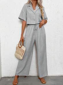 SHEIN LUNE 2pcs/Set Women Linen Solid Color Drop Shoulder Blouse And Pants Casual Suit