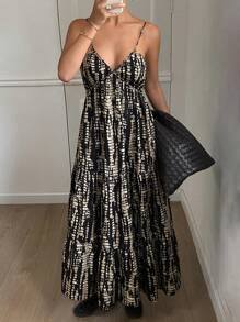 DAZY 休闲度假印花长款宽松褶皱A字连衣裙，适合夏季波西米亚风邮轮旅行、舞会、嘉年华等场合穿着。 - 黑色 - 查看 3
