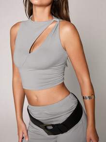 SHEIN Unity 2 Pieces Set Women Asymmetric Neck Top And Ruched Flare Pants, Casual Outfit - Grey - View 4