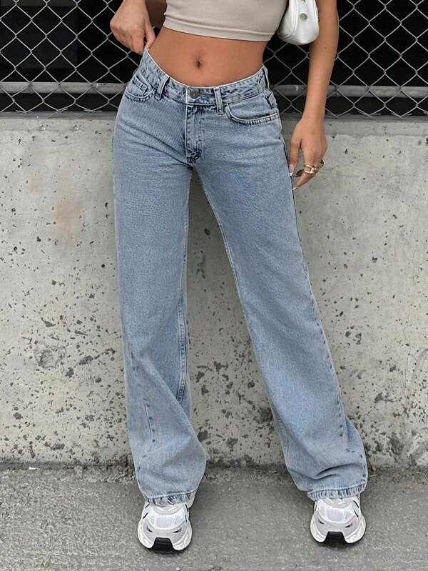 SHEIN PETITE 100%Cotton Petite Low Waist Wide Leg Jeans