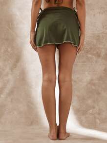 Musera Resort 对比色针织生菜下摆系带纱笼海滩泳装罩衫可爱性感度假伊比沙岛 - 墨綠色 - 查看 4