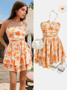 Girlism 少女黄色抹胸分层下摆连衣裙，春夏季适合度假、节日、午餐、音乐节 - 彩色 - 查看 3