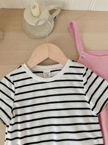 Baby Girl Striped Short Sleeve Top And Overall Jumpsuit, Spring/Summer Outfit