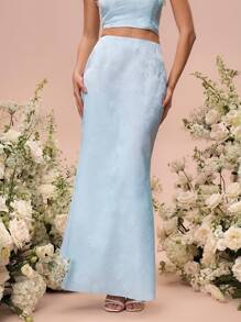 Glamine Blue Woven Textured Fabric Mid-Waist Fish Tail Hem Skirt, Spring/Summer For Women