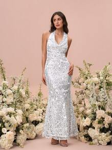 SHEIN Unity Women's White Elegant Sequin Summer Dinner Dresses,Silver Gorgeous Long Evening Gown,Formal Prom Wedding Guest Dress,Simple Fashion Birthday Maxi - Silver - View 6