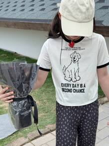 DAZY 2pcs/Set Tween Girl Crew Neck Knitted Allover Print Short Sleeve T-Shirt + Allover Print Long Pants, Fall Outfit,Back To School Clothes - Beige - View 3