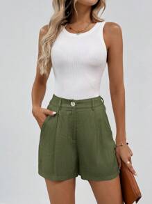 SHEIN Tall Pantalones cortos de lino lisos, casuales y elegantes con nudos de bambú - Verde militar - Ver 4