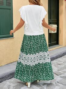 Ellevyn Plus Size Women White Blouse With Green Lace Panel Skirt 2 Pieces Set,Summer Boho Tea Party Holiday Floral Vacation Outfits,Elegant Sun Dress Outfits - Multicolor - View 2