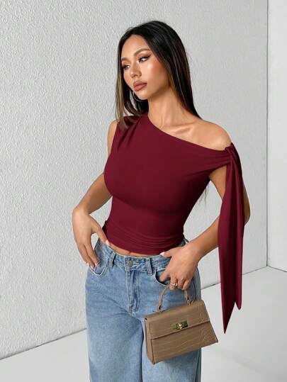 SHEIN PETITE Blusa con tirante asimétrico y cuello de corbata de unicolor, minimalista y de moda, apta para el verano