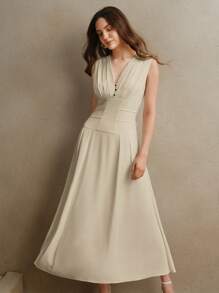 Anewsta Elegantes, minimalistisches ärmelloses Sommerkleid mit V-Ausschnitt und Taille, geeignet für Frauen bei Festivals, Old Money, Ausgang, Urlaub und als Brautjungfernkleid - Kamelfarben - Übersicht 3