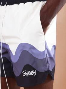 SUMWON Stanton Wave Pattern Premium Board Shorts, Summer Beach Athletics Surf Swimming Trunks With Drawstring, Casual Holiday Resort Sportswear - Purple - View 6