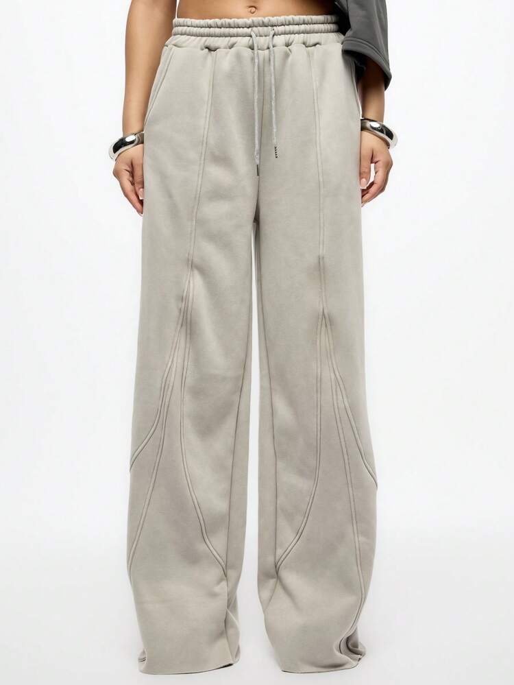 SUMWON WOMEN Athleisure Wide Leg High Waist Drawstring Sweatpants With Design Seams