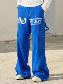 Manfinity Roghcode Men's Blue Denim Long Jeans With Cargo Pockets And Graphic Print - Blue - View 4