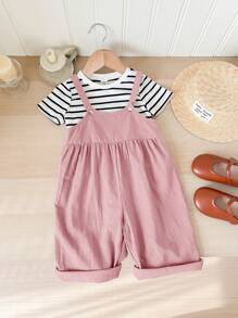 Baby Girl Striped Short Sleeve Top And Overall Jumpsuit, Spring/Summer Outfit