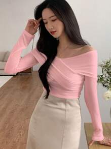 DAZY Women's Long Sleeve Solid Color T-Shirt, Minimalist Fashion, Suitable For Summer,Off Shoulder Top