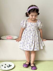 SHEIN Babygirl Cute Floral Pattern Bow Decor Summer Dress