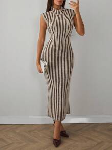 EURMUSE Casual Mock Turtle Neck Rib Knit Maxi Sleeveless Sweater Dress Fall Women Clothes Modest Old Money Striped Knit Maxi Dress - Multicolor - View 8
