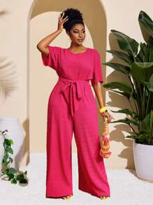 Slaydiva Plus Size Fitted Belted Jumpsuit, Pink, Slimming Top And Bottoms, Vacation & Elegant Casual, Spring/Summer - Hot Pink - View 4