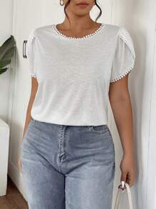 SHEIN Frenchy Plus Size Women Solid Color Round Neck Ruffle Sleeve Casual T-Shirt - White - View 6