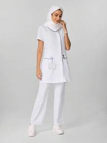 Scrubzie White Lab Coat Plain Color Patchwork Short Sleeve Top And Long Pants Nursing Uniform Set Women Scrubs For Women Women Scrub Sets Nurse Scrub Sets Women Scrub Sets For Women Essential Jogger Scrub Set Nursing Uniform Stretch V-Neck Top & Drawstring Cargo Pants Notch V-Neck Tuck In Top & Drawstring Straight Leg Pants - White - View 8
